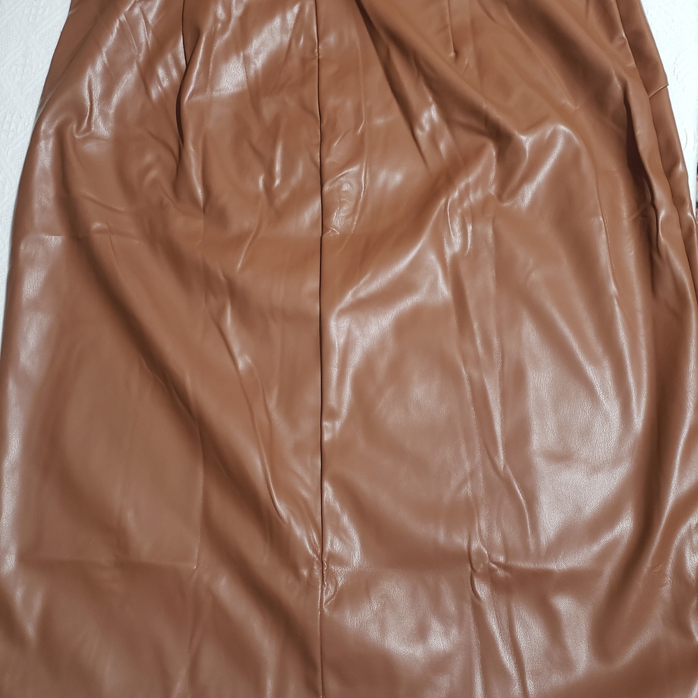 Kate Kasin Faux-leather Knot-front Faux Wrap Sienna Brown Pencil Skirt Sz XL - Picture 9 of 11